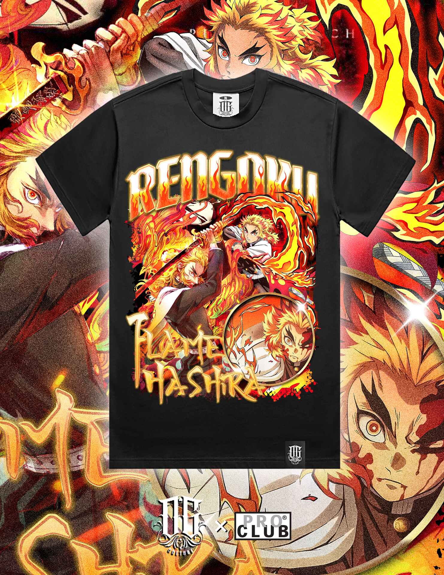 OG Culture X Pro Club Digital Printed Heavyweight Tee - Demon Slayer Rengoku