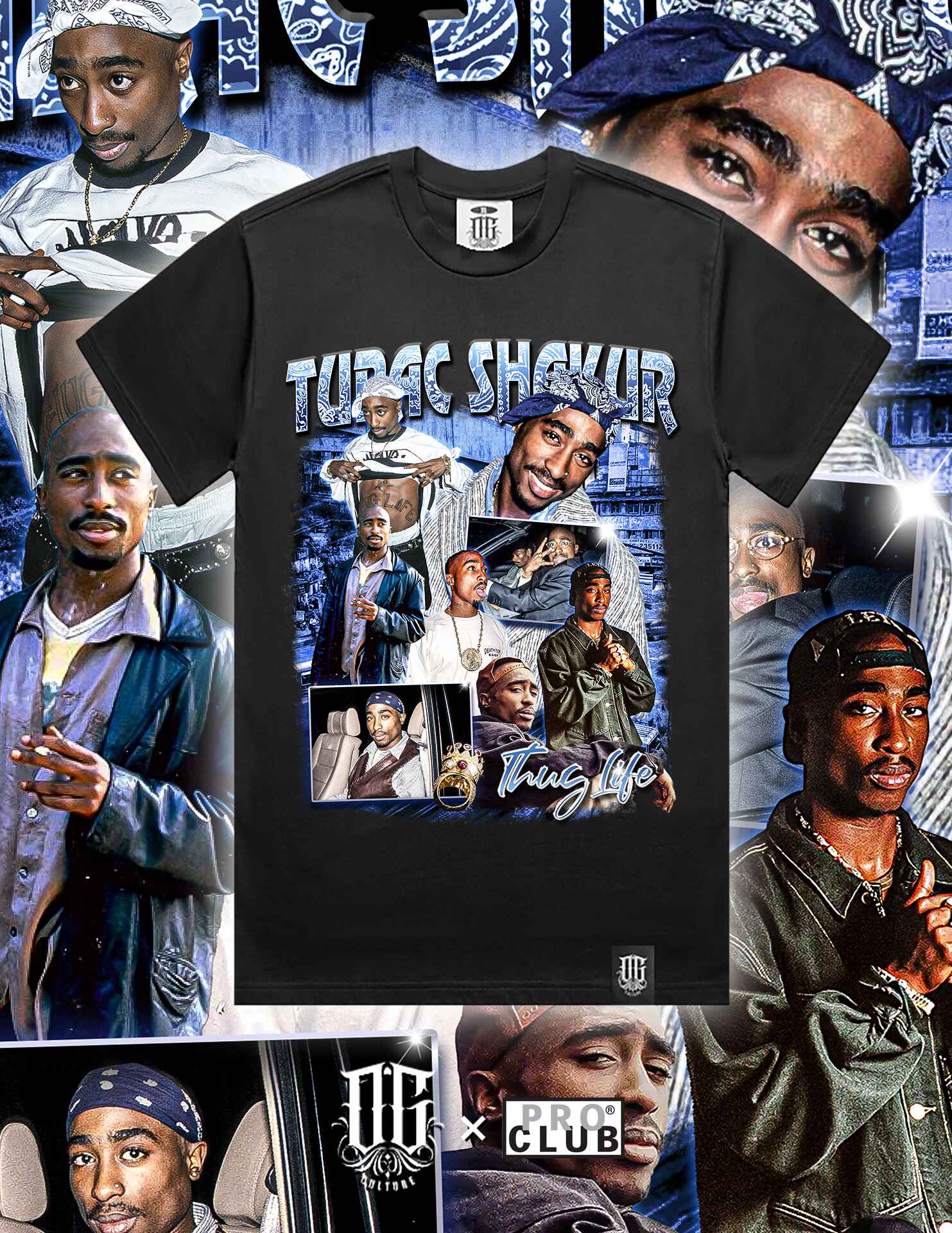 OG Culture X Pro Club Digital Printed Heavyweight Tee - Tupac Shakur Bandana